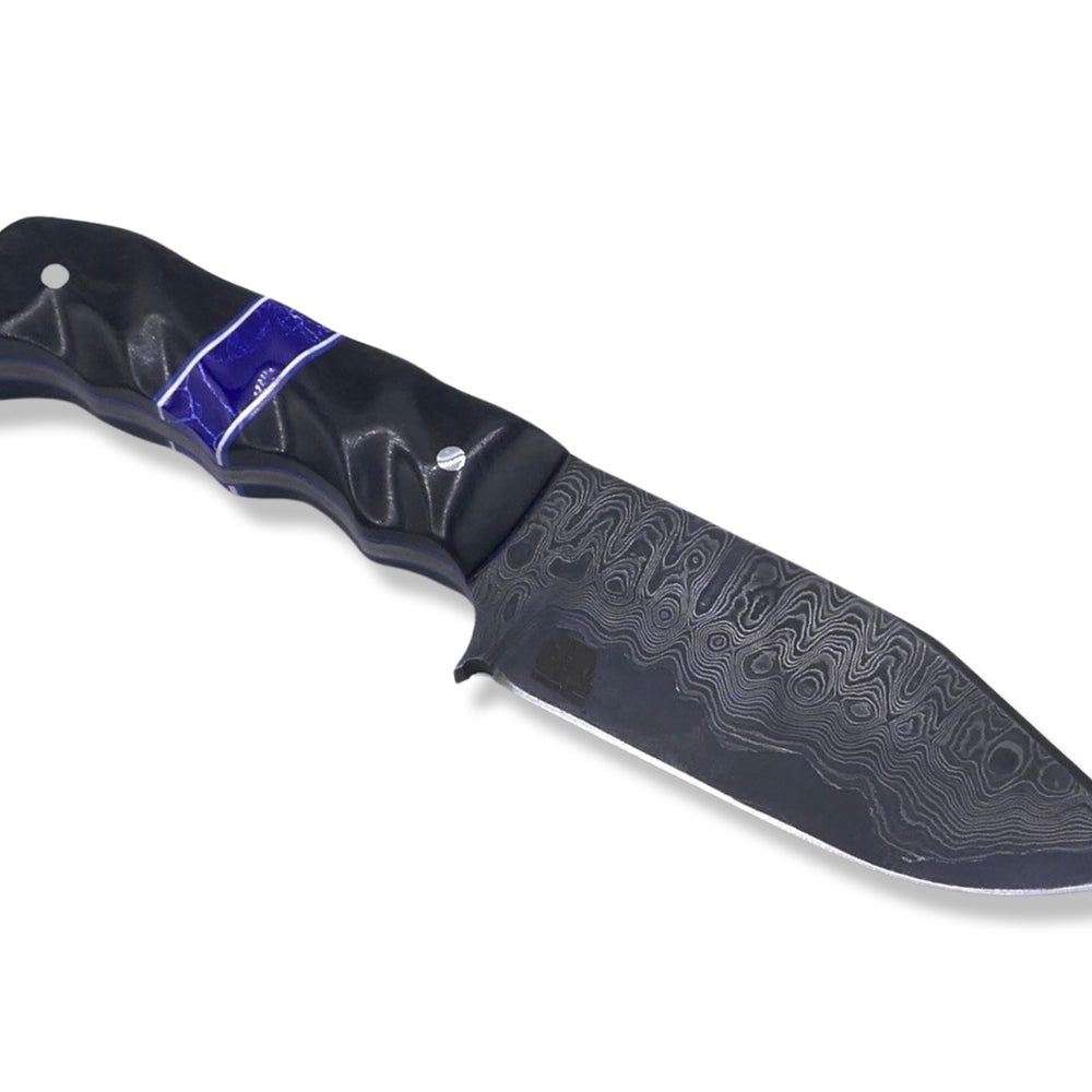 Slayer Damascus - Hollow Grind /  Ebony / Tru-Stone Inlay / White and Blue G-10 Inlay / Blue G-10 Liner