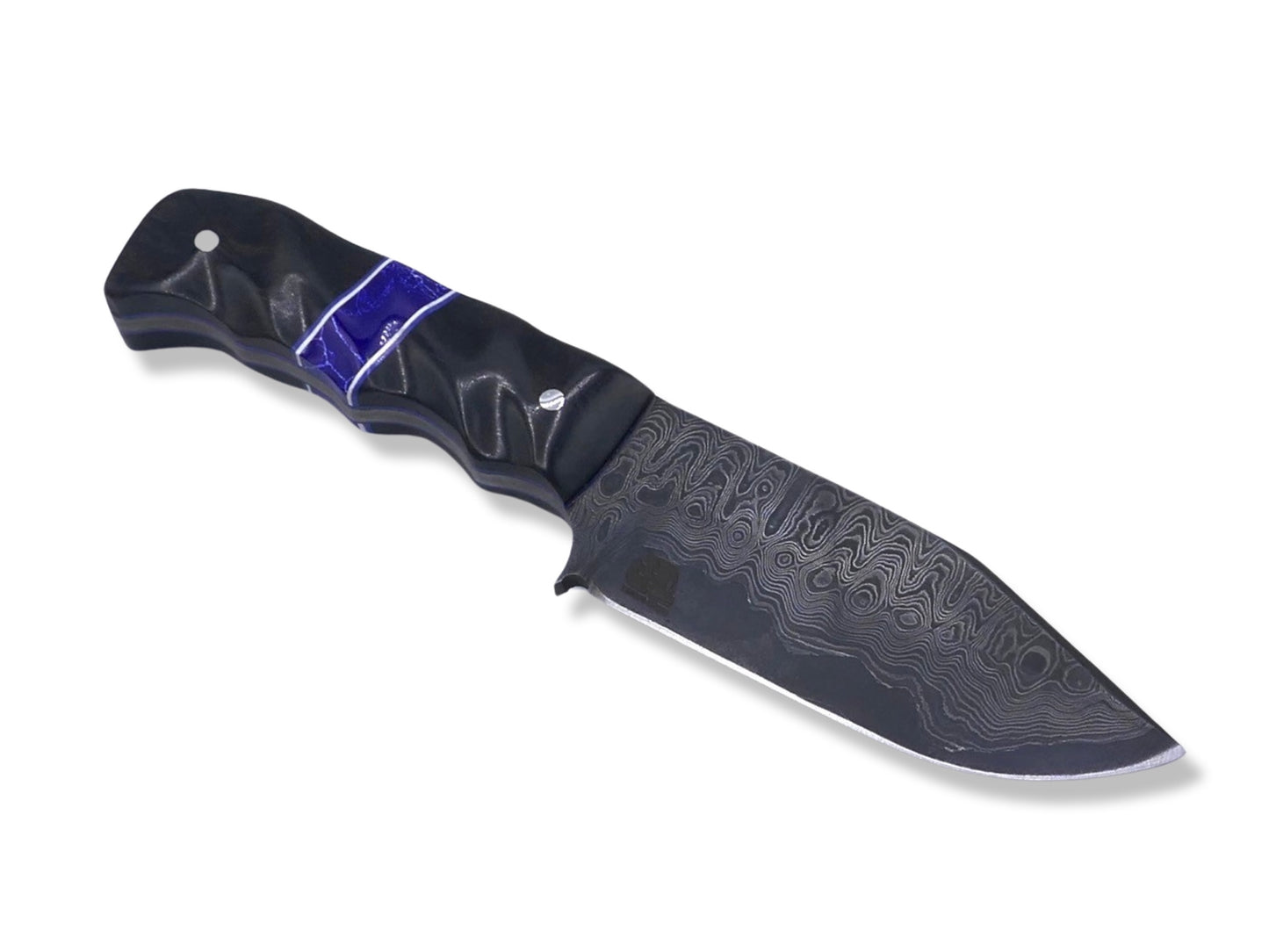 Slayer Damascus - Hollow Grind /  Ebony / Tru-Stone Inlay / White and Blue G-10 Inlay / Blue G-10 Liner