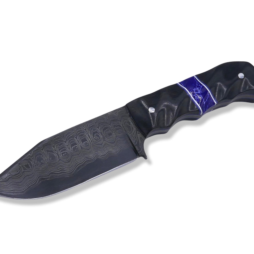 Slayer Damascus - Hollow Grind /  Ebony / Tru-Stone Inlay / White and Blue G-10 Inlay / Blue G-10 Liner