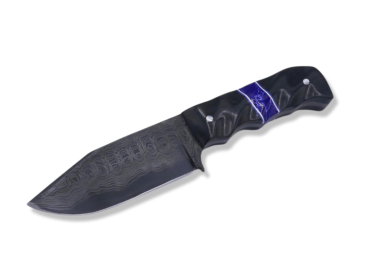 Slayer Damascus - Hollow Grind /  Ebony / Tru-Stone Inlay / White and Blue G-10 Inlay / Blue G-10 Liner