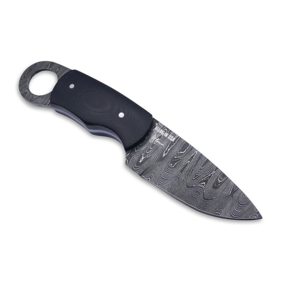 Honey Badger - Damascaus Fixed Blade / Black G-10 handle / Blue Liner