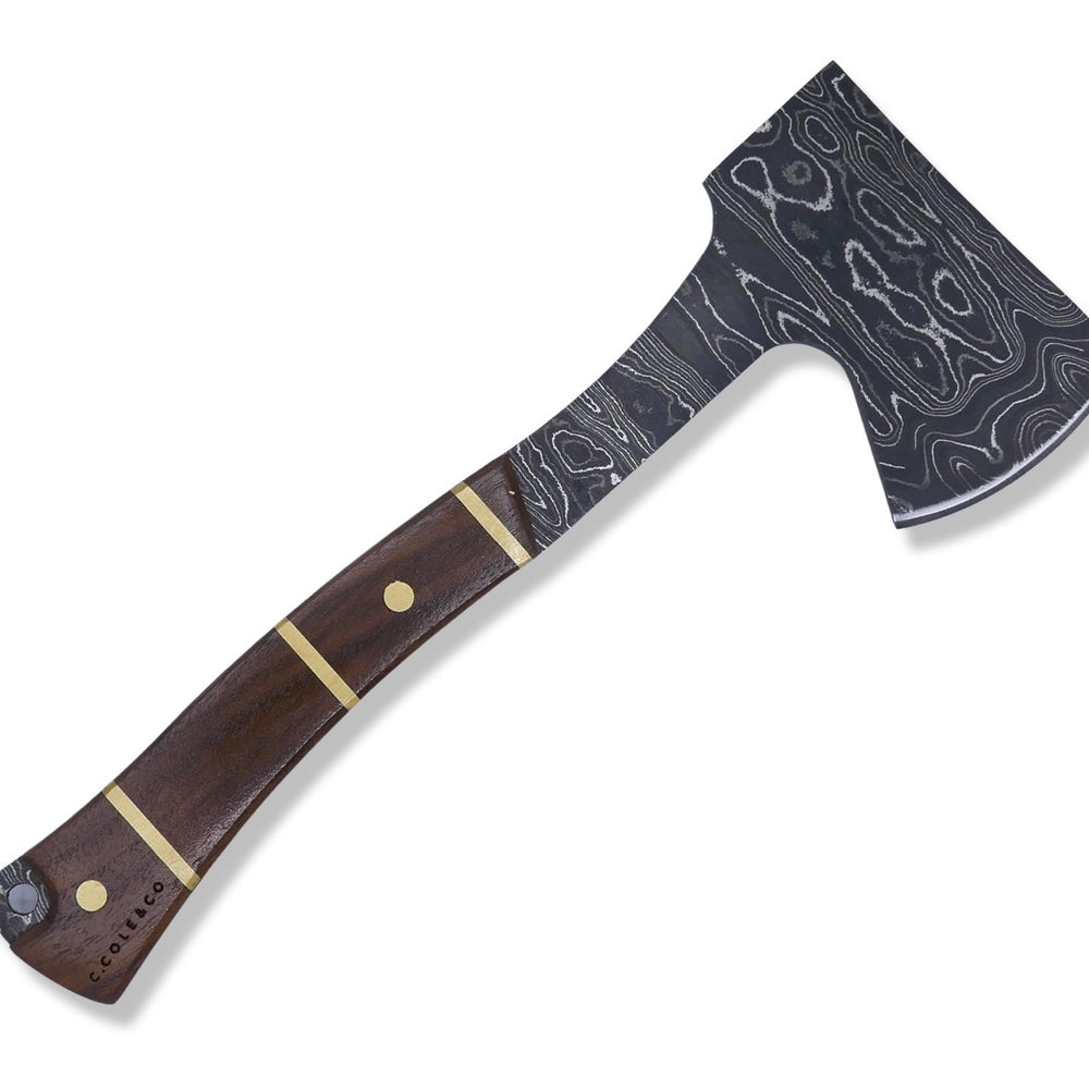 
                      
                        Damascus Axe - Walnut Handle W/ Brass Inlays - Chris Cole Design - Crimson Tactical
                      
                    