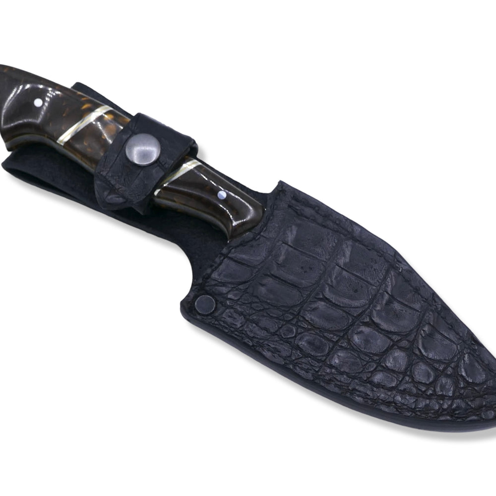 
                      
                        Reaper Custom - Polished Stainless Dragon Scale Pattern San Mai Damascus / Crocodile Sheath
                      
                    