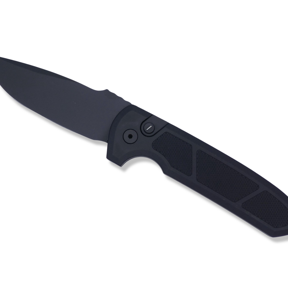 Rockeye Auto OPERATOR - Textured Black Handle / Black Hardware / Tritium Push Button / DLC Blade / Black Clip - Crimson Tactical