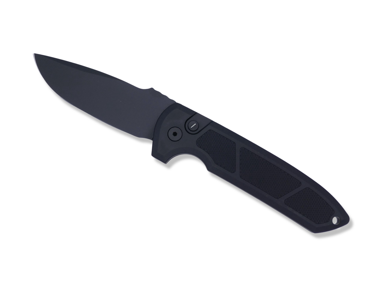 Rockeye Auto OPERATOR - Textured Black Handle / Black Hardware / Tritium Push Button / DLC Blade / Black Clip - Crimson Tactical