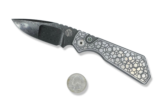 Strider PT+ Custom - 17-4 Stainless Steel Gridlock Handle / Satin Hardware /  Pearl Button / Mike Irie Hand Ground Vegas Forge Damascus