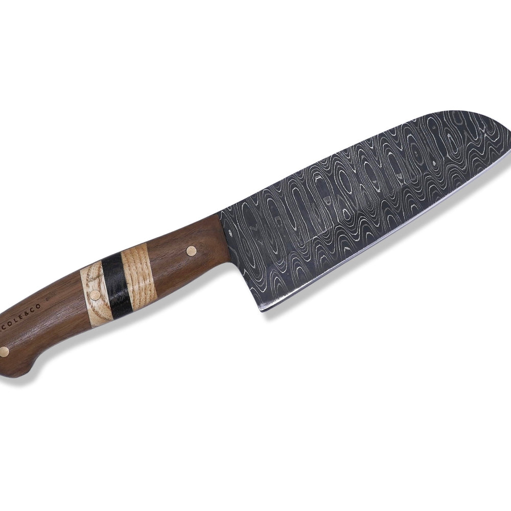 Damascus Kitchen Knife - Walnut / White Oak / Wenge / Brass Handle - Chris Cole Design - Crimson Tactical