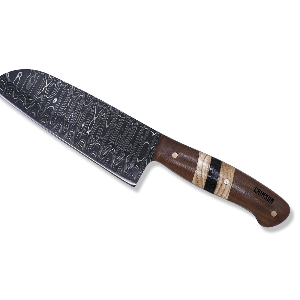 Damascus Kitchen Knife - Walnut / White Oak / Wenge / Brass Handle - Chris Cole Design - Crimson Tactical