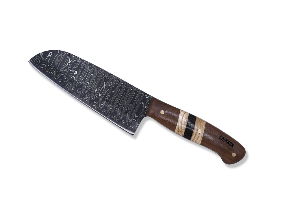 Damascus Kitchen Knife - Walnut / White Oak / Wenge / Brass Handle - Chris Cole Design - Crimson Tactical