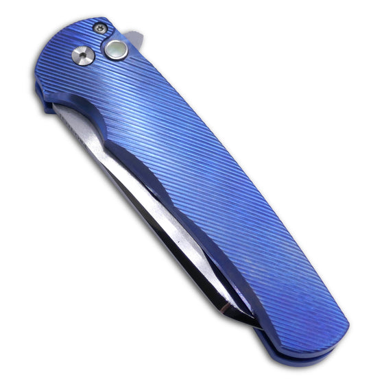 Malibu Flipper - 3D Machined Blue Anodized 6Al4V Titanium Handle / Gold Lip Pearl Button / Mike Irie Compound Ground Mirror Polished Reverse Tanto