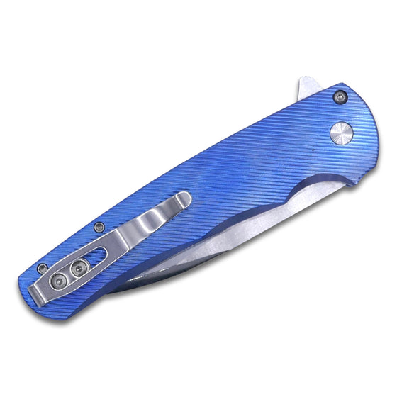 Malibu Flipper - 3D Machined Blue Anodized 6Al4V Titanium Handle / Gold Lip Pearl Button / Mike Irie Compound Ground Mirror Polished Wharncliffe