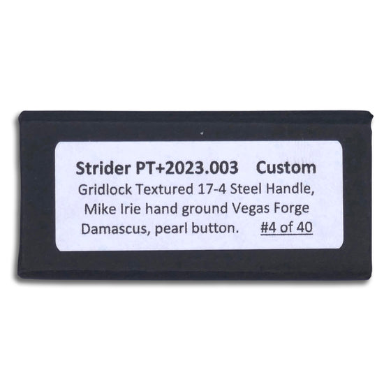 Strider PT+ Custom - 17-4 Stainless Steel Gridlock Handle / Satin Hardware / Black Lip Pearl Button / Mike Irie Ground Vegas Forge Herringbone Blade