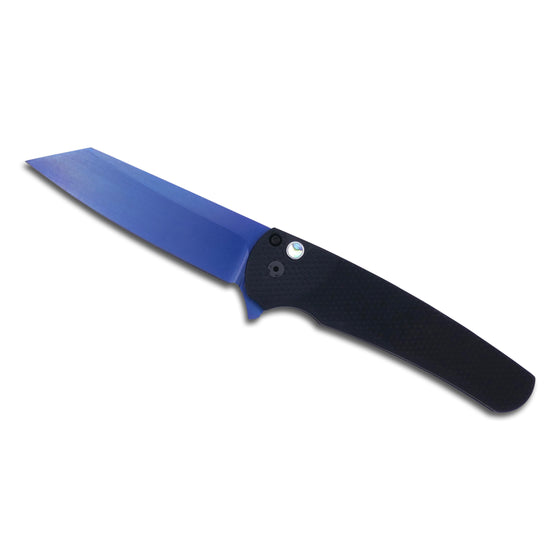 Malibu Flipper - Textured Black Handle / Mother of Pearl Button / Sapphire Washed Tanto 20CV