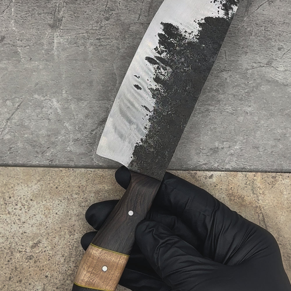 
                      
                        Load and play video in Gallery viewer, EREBUS - Hand Forged Kitchen Knife / Cocobolo W/ Oak Inlays / Yellow G-10 Inlay
                      
                    