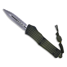  Frag Off Series Combat Troodon AUTO OTF Knife 3.75" Apocalyptic Serrated Double Edge Dagger Blade, Grenade Green Aluminum Handle with Bead