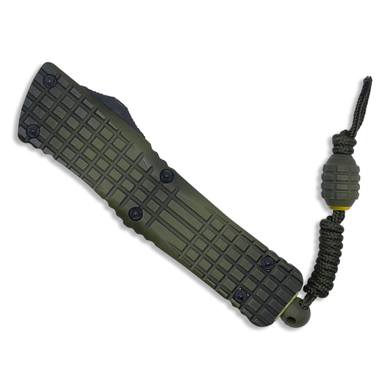 Frag Off Series Combat Troodon AUTO OTF Knife 3.75" Apocalyptic Serrated Double Edge Dagger Blade, Grenade Green Aluminum Handle with Bead